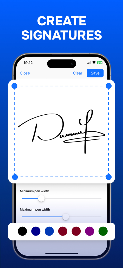 Sign Documents - eSign PDF - Oberfläche zum Erstellen einer digitalen Signatur mit anpassbarer Strichstärke und Farboptionen
