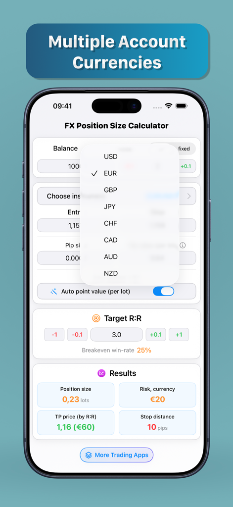 Pips & Lot Size Calculator - Interfaccia del calcolatore di dimensione posizione Forex con menu di selezione della valuta del conto