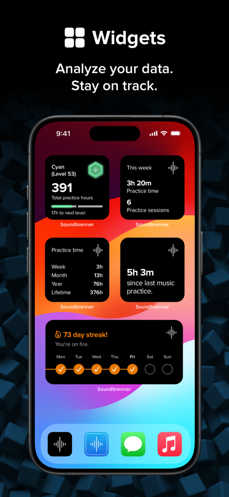 iPhone home screen displaying Soundbrenner metronome widgets for practice tracking, levels, and daily streaks