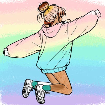realistic girl jumping with a bun and oversized sweatshirt