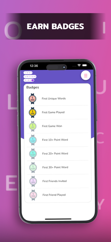 Last Letter First:  Word Game - Screenshot of the Earn Badges screen in the Last Letter First word game app showing achievement milestones.
