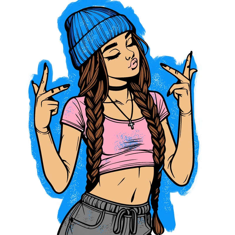 realistic teenage girl with braids and a beanie and crop top doing 🫶🏼