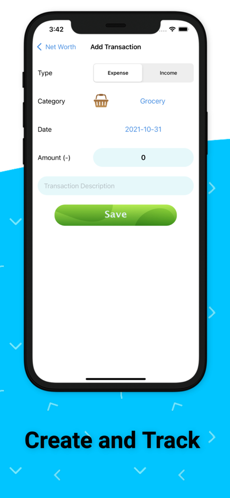 Money Tracker:Expense Tracker - Manual expense entry interface on an iPhone showing category selection for groceries and a save button.