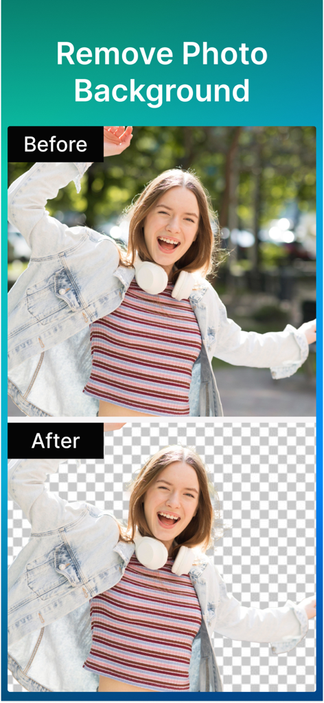 Una comparación del antes y el después que muestra un retrato de mujer con su fondo eliminado usando la aplicación Eraser Background Remover
