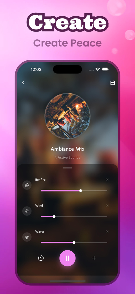 Interface do aplicativo Rally mostrando um misturador de sons da natureza personalizado com controles de volume para fogueira, vento e ondas