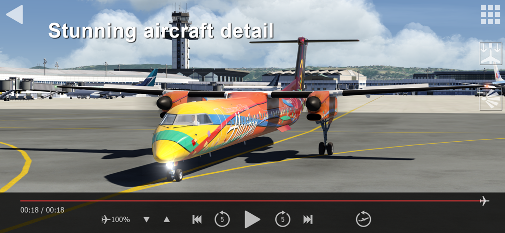 A colorful Dash 8 Q400 aircraft on an airport runway with high resolution graphics in Aerofly FS Global