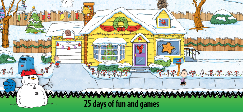 Peanuts Advent Calendar 2025 - Peanuts characters in front of a snow-covered house decorated for Christmas.