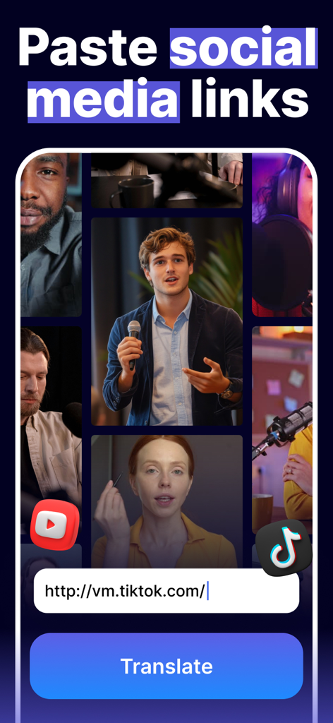 Dub AI: Video, Voice Changer - Interface of Dub AI showing a field to paste a social media link for video translation