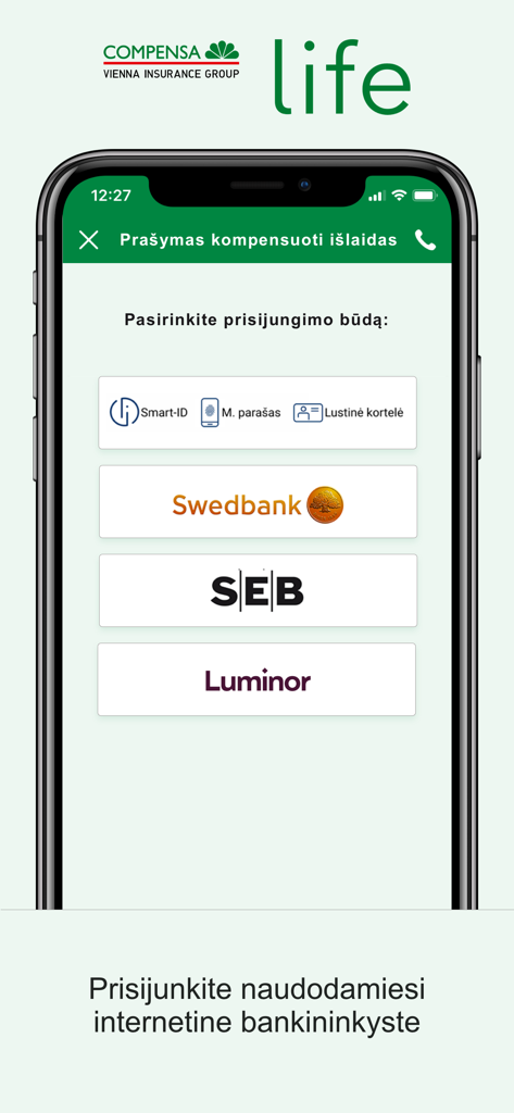 Compensa Life Lithuania app login page showing secure authentication methods including Smart-ID and online banking