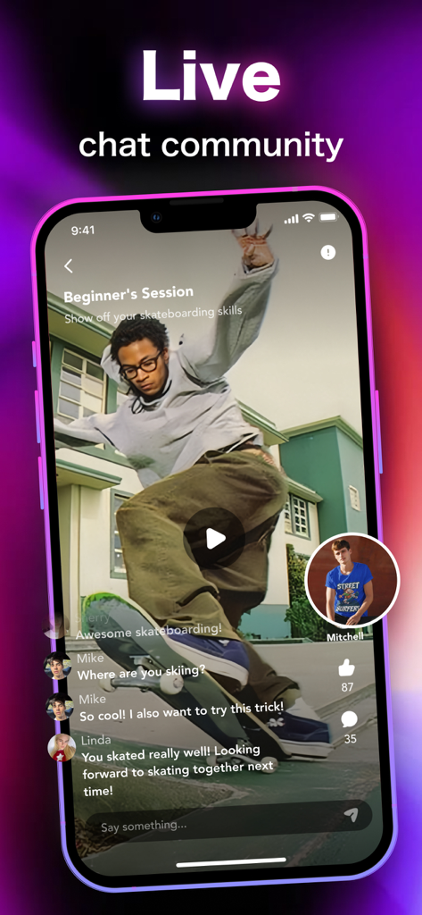 Rock app interface showing a live skateboarding video session with user comments and real-time interaction