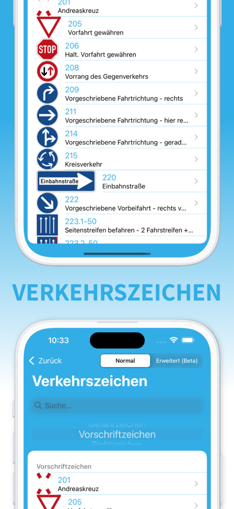Tatbestandskatalog - Screenshot of the Tatbestandskatalog app showing a list of German traffic signs.