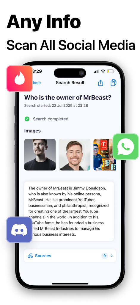 Deep Research AI Assistant - Deep Research AI Assistant app interface showing search results for MrBeast with social media integration icons
