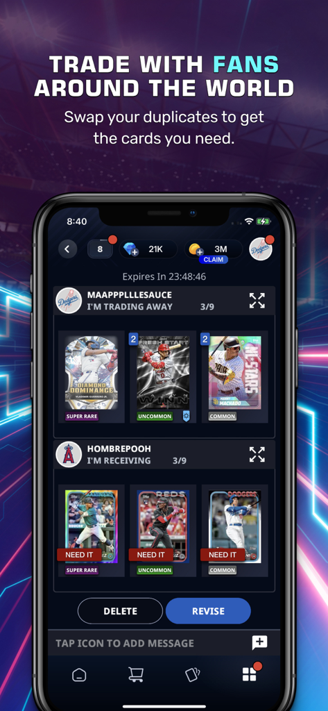 Topps® BUNT® MLB Card Trader - Mobile screen showing the trading interface in Topps BUNT where fans swap digital baseball cards.