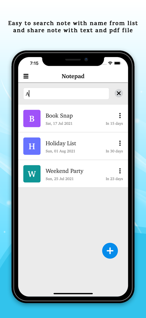 Una interfaz móvil de Notepad Plus Pro que muestra una barra de búsqueda y una lista de notas organizadas con iconos codificados por colores
