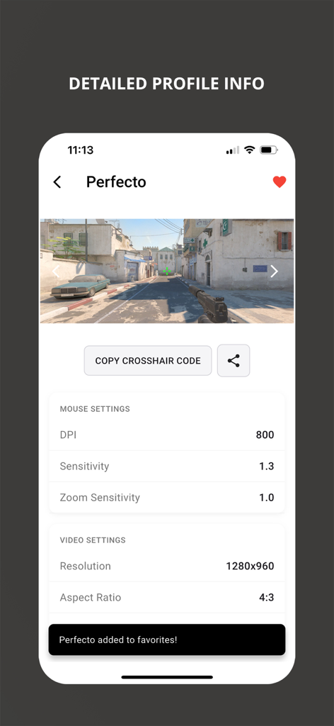Informations détaillées sur le profil du pro CS2 Perfecto dans l'application Crosshair+ montrant les rendus de viseur et les paramètres de sensibilité de la souris.