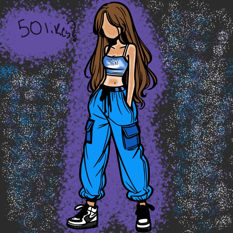 girl in baggy pants crop top and long hair