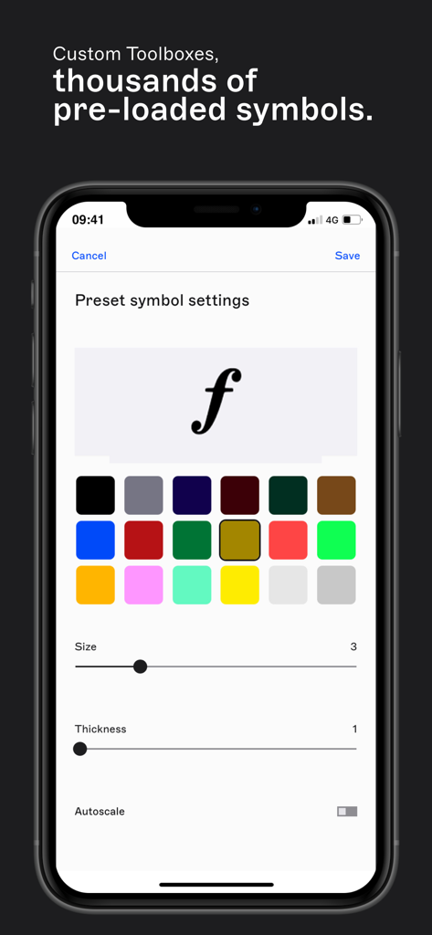 Interface of nkoda app showing preset symbol settings for sheet music annotation with color and size options