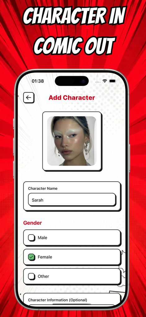 VEX: Comic Maker Manga, Manhwa - Add character screen in VEX AI comic maker showing name and gender input fields