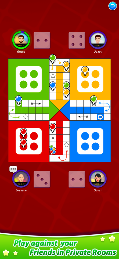 A four player Ludo match in progress on a mobile screen featuring private room gameplay