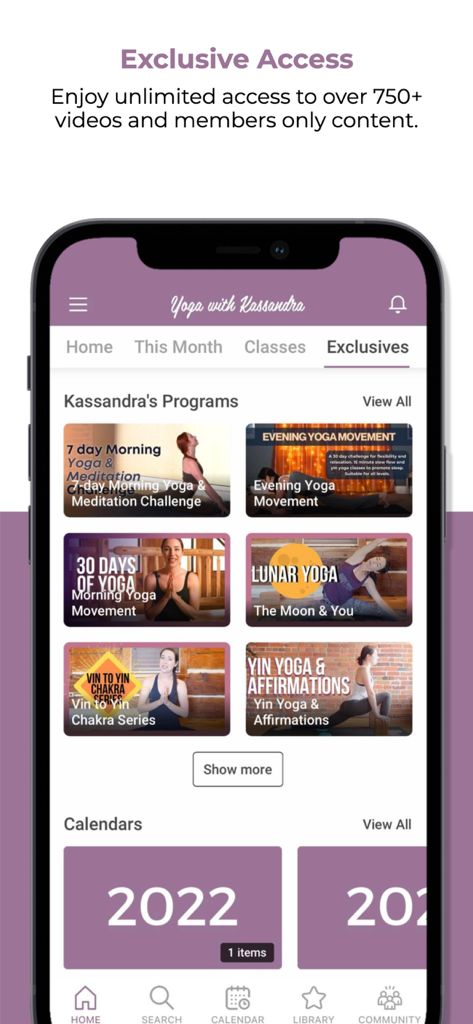Yoga with Kassandra - Smartphone screen showing exclusive yoga programs and monthly calendars in the Yoga with Kassandra app
