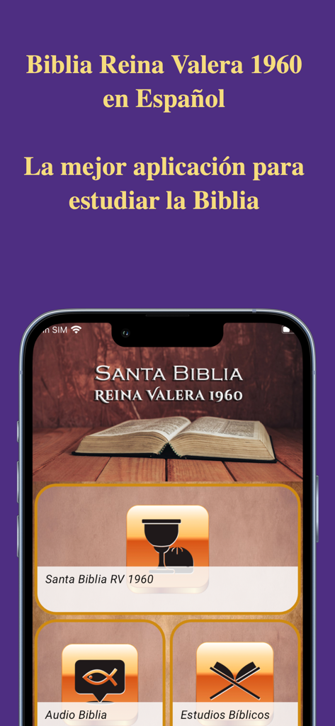 Biblia Reina Valera Español - Pantalla de inicio de la aplicación móvil Biblia Reina Valera 1960 en español con opciones para Biblia en Audio y estudios bíblicos