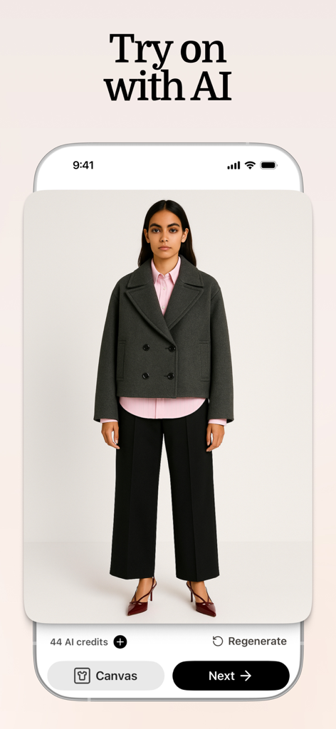 Fits – Outfit Planner & Closet - A mobile app screen showing the AI virtual try-on feature for the Fits outfit planner app featuring a woman wearing a grey jacket and black trousers.