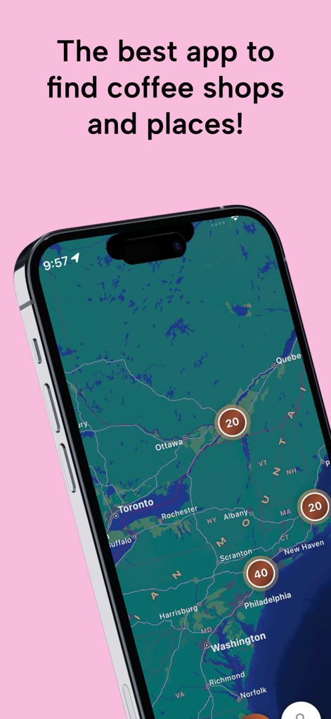 Coffee Compass: Maps & Guide - A smartphone displaying the Coffee Compass app map with brown pins marking coffee shop clusters across the Northeast United States.