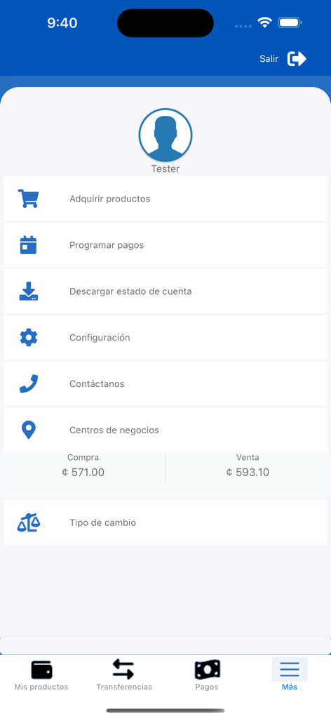 Pantalla de menú de la app Mucap en línea mostrando opciones para programar pagos, estados de cuenta y tasas de cambio actuales del Colón costarricense.