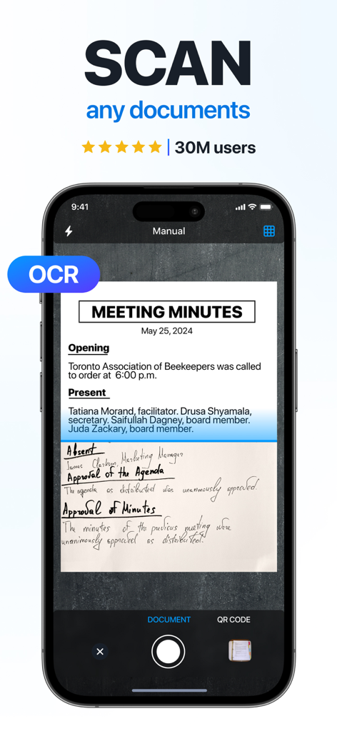 OCR技術を使って会議議事録をスキャンしているScanGuruアプリを表示したiPhone