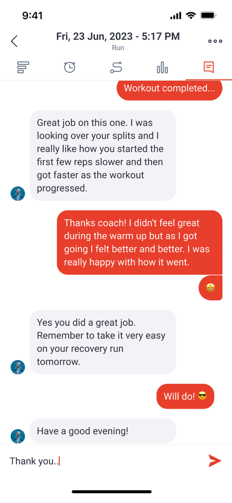Final Surge - In-app messaging between a coach and athlete in Final Surge showing workout feedback