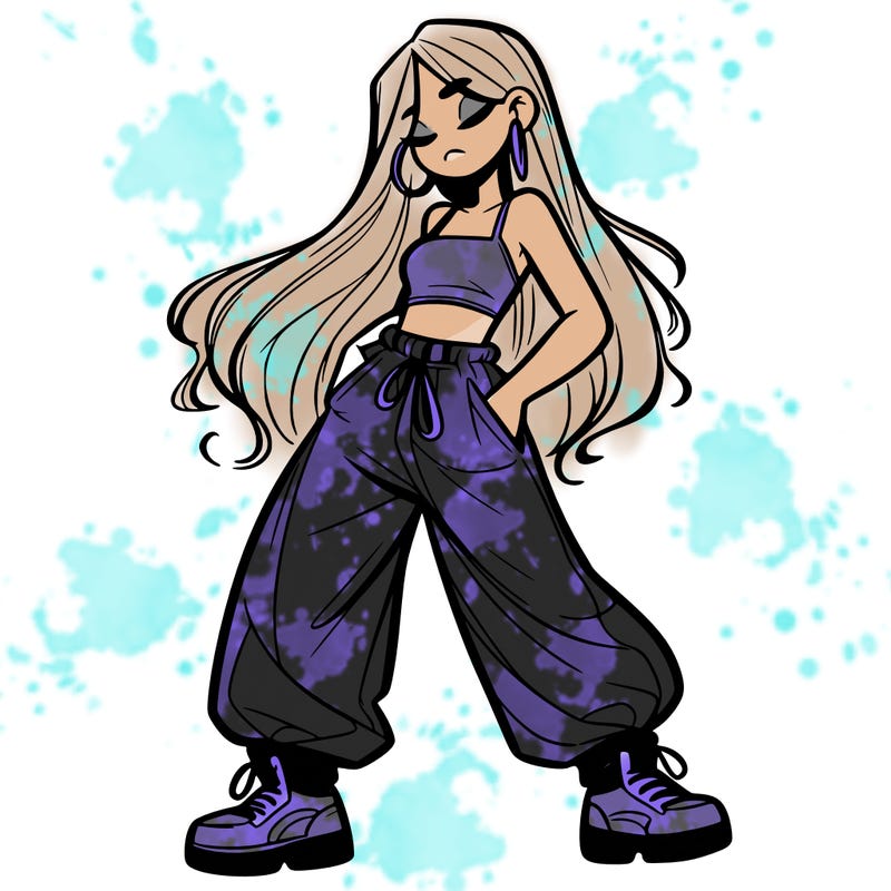 girl in baggy pants crop top and long hair
