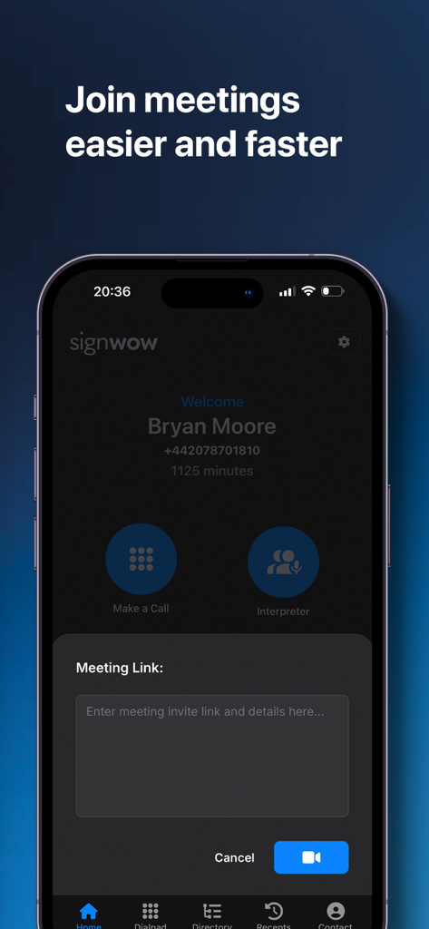 SignWow app interface showing the Join Meetings screen with a text field for meeting links and options to connect with a BSL interpreter.