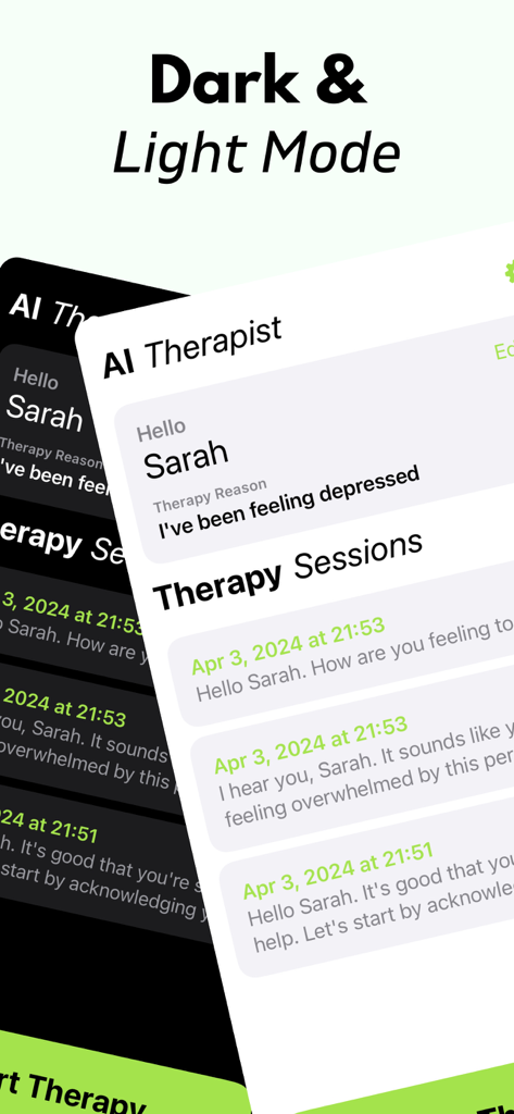 AI Therapist: Therapy Chatbot - AI Therapist app interface showing dark and light mode themes with mental health chat sessions