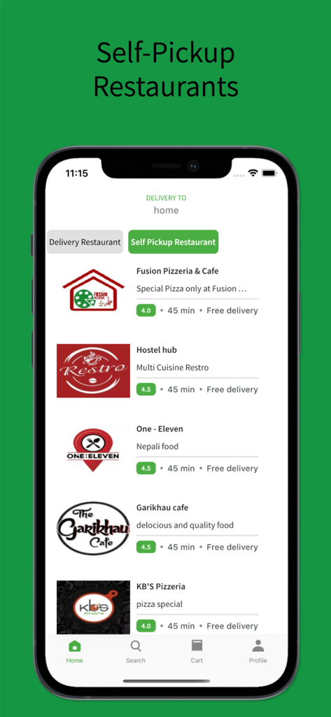 WL food - WL food app screen showing a list of self-pickup restaurants with ratings and delivery times