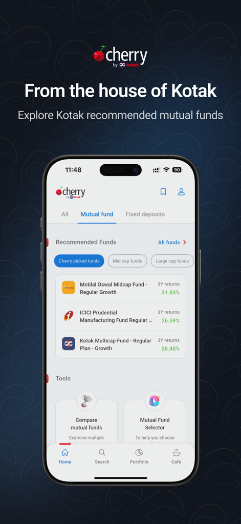 Kotak Cherry: MFs, SIPs - Kotak Cherry mobile app interface showing recommended Indian mutual funds and investment research tools