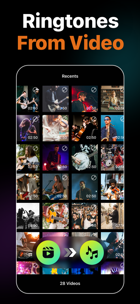 Screenshot of Ringtone Maker Garage app showing the feature to extract audio from videos to create custom ringtones