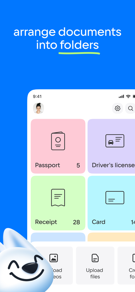 Cloud drive app interface showing documents organized into colored folders like passport and receipts