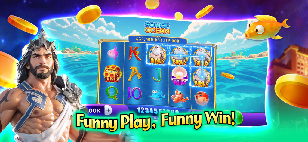 Jackpot Slots:Free Casino Game - Ocean themed slot machine game interface featuring a Poseidon character and gold coins.