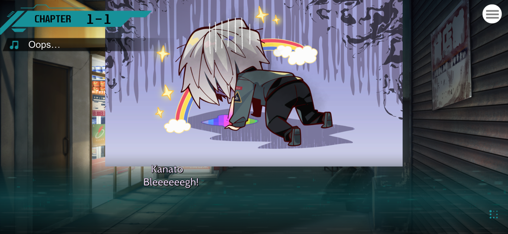 PARQUET - A chibi character named Kanato from the visual novel PARQUET vomiting rainbows in a humorous comic scene.