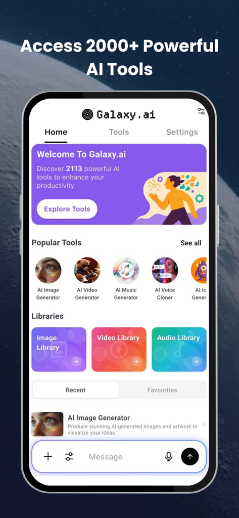 Galaxy.ai - Home screen of the Galaxy.ai app showing various AI tools including image, video, music, and voice generators