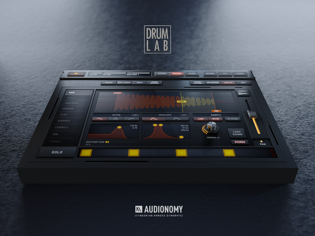 DrumLab App-Oberfläche, die die Drums-Seite mit einer Wellenformanzeige und grafischen Audiosynthese-Steuerelementen zeigt.