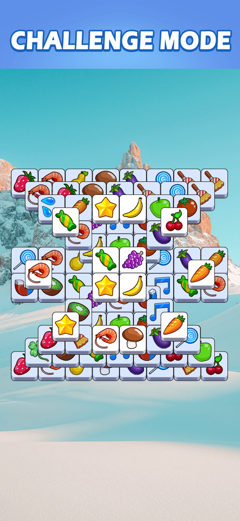 Tile Master Pro: Triple Match - Uma captura de tela do jogo Tile Master Pro mostrando um nível complexo do modo desafio com peças empilhadas de comida e objetos em um fundo de montanha de inverno