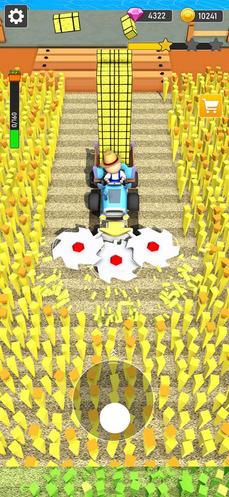 A blue tractor harvesting yellow grass in a farming simulator mobile game