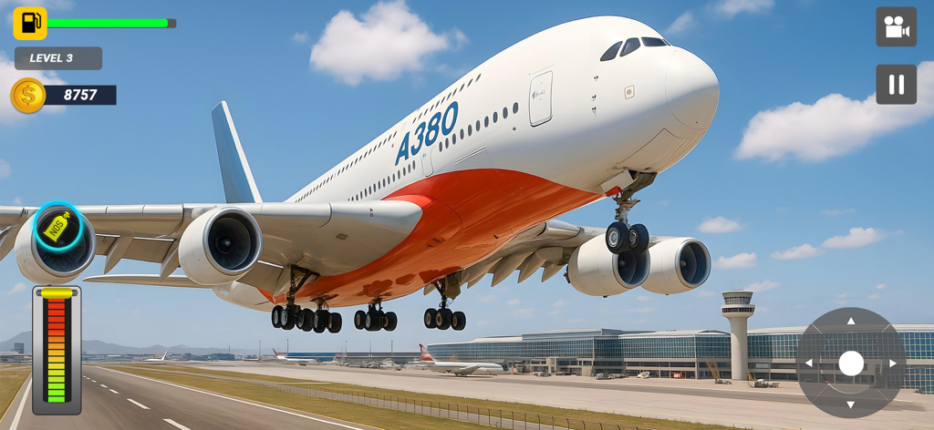 Airplane Game Flight Simulator - Un aereo jumbo decolla da una pista aeroportuale in un gioco simulatore di volo 3D.