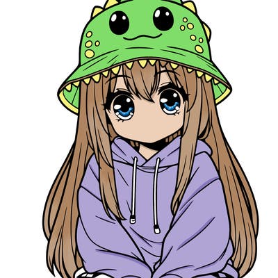 girl with anime shaped eyes with a dinosaur bucket hat oversized sweatshirt long straight hair