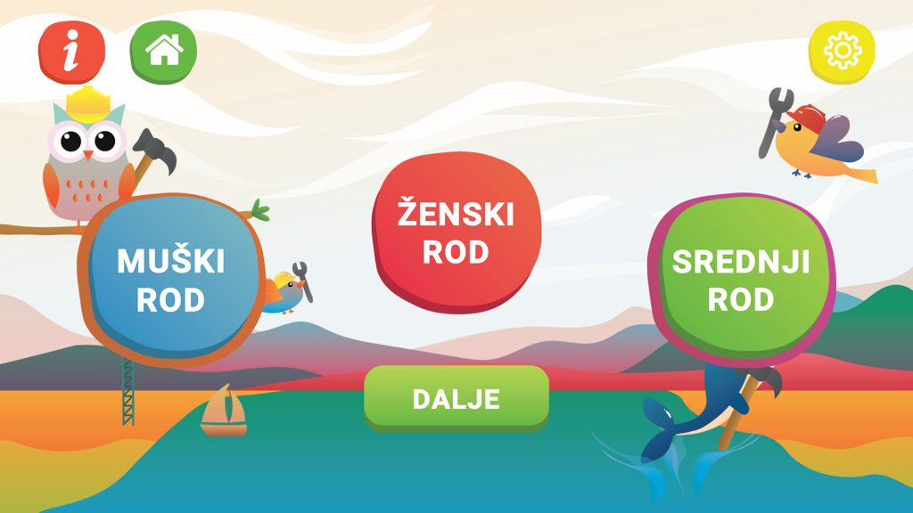 Un écran éducatif coloré de l'application ICT AAC Jezična gradilica montrant trois catégories pour les genres grammaticaux masculin, féminin et neutre accompagnées de personnages animaliers illustrés