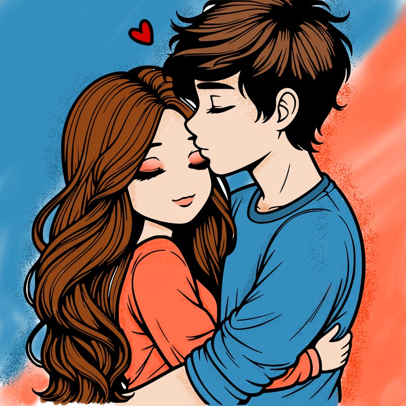 a realistic couple boy and girl hugging and kissing