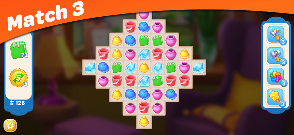 A Match-3 puzzle level in House Design featuring a diamond-shaped grid with colorful items like hard hats, vases, and books.
