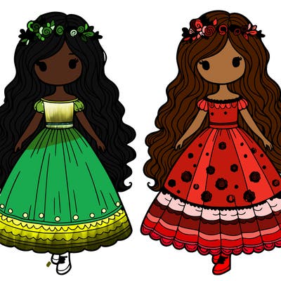 two girls with long flowing dresses and  long wavey hair
