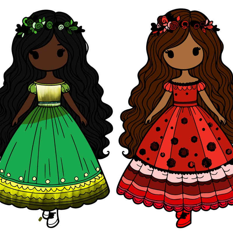 two girls with long flowing dresses and  long wavey hair